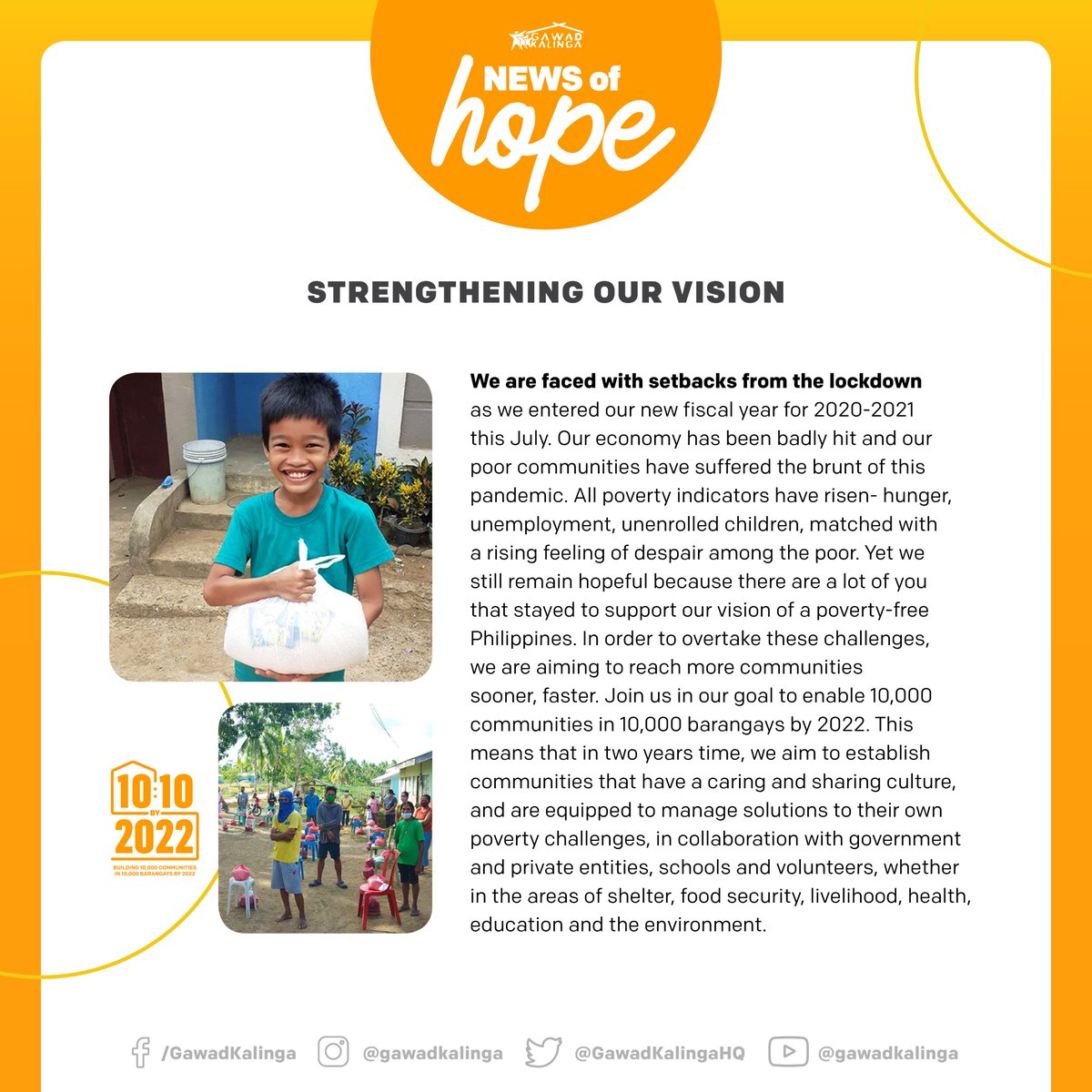 GawadKalingaHQ's tweet photo. #NewsOfHope: All poverty indicators have risen. Yet we still remain hopeful because there are a lot of you that stayed to support our vision of a poverty-free Philippines.🇵🇭
Join us in our goal to enable 10,000 communities in 10,000 barangays by 2022. Walang iwanan!🤝 https://t.co/tIQCuL6F3E