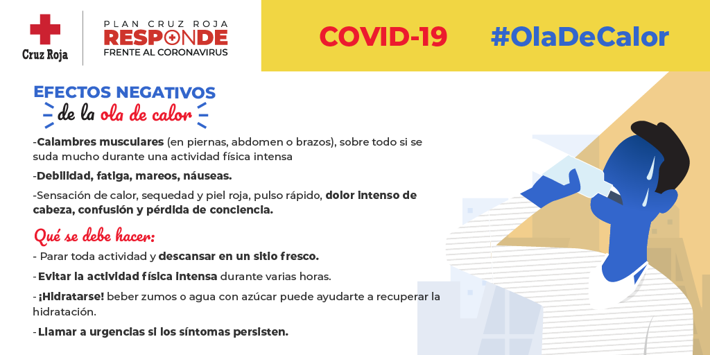 CruzRojaMostole's tweet photo. [#CruzRojaResponde] ⚠️  #OlaDeCalor
en #Móstoles se esperan temperaturas de 40ºC.
Para evitar un golpe de calor es #importante :

 🥤 Beber agua en abundancia

🍽️ 🍉Hacer comidas ligeras

🌡️🔥 Evitar salir de casa en las horas de más calor del día. #CruzRoja https://t.co/OCPFVsQiK0