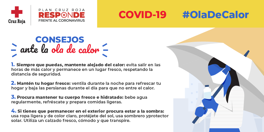 CruzRojaMostole's tweet photo. [#CruzRojaResponde] ⚠️  #OlaDeCalor
en #Móstoles se esperan temperaturas de 40ºC.
Para evitar un golpe de calor es #importante :

 🥤 Beber agua en abundancia

🍽️ 🍉Hacer comidas ligeras

🌡️🔥 Evitar salir de casa en las horas de más calor del día. #CruzRoja https://t.co/OCPFVsQiK0