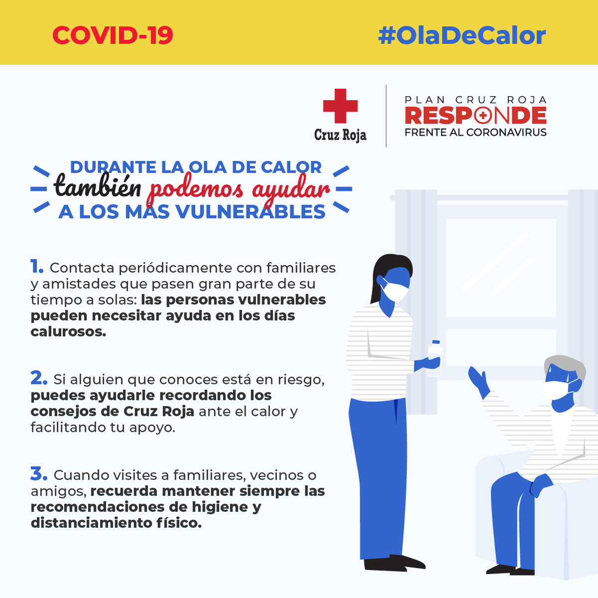 CruzRojaMostole's tweet photo. [#CruzRojaResponde] ⚠️  #OlaDeCalor
en #Móstoles se esperan temperaturas de 40ºC.
Para evitar un golpe de calor es #importante :

 🥤 Beber agua en abundancia

🍽️ 🍉Hacer comidas ligeras

🌡️🔥 Evitar salir de casa en las horas de más calor del día. #CruzRoja https://t.co/OCPFVsQiK0