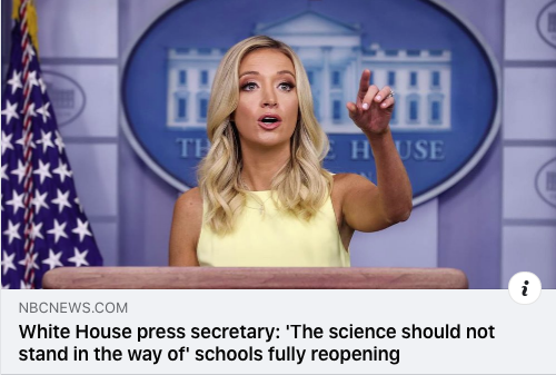 StephenPerrotta's tweet photo. Kayleigh McEnany said science should not stand in the way of reopening schools. She also said the Voter Rights Act should not stand in the way of voter suppression. #ReopeningSchools https://t.co/uwA0fYJZpk