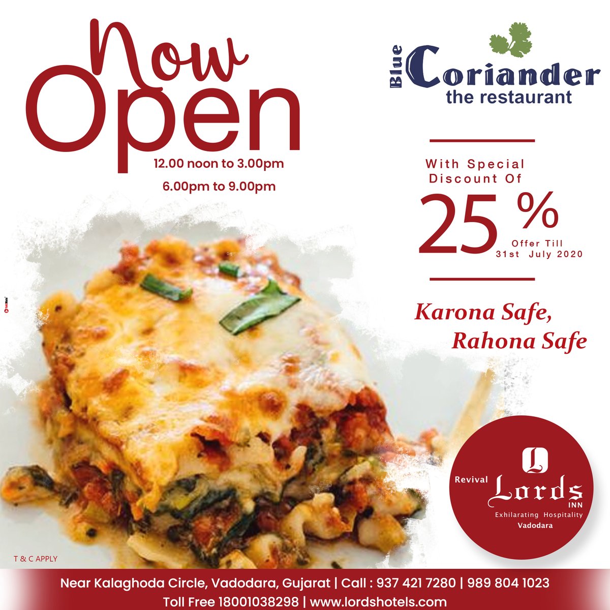 revivallordsho1's tweet photo. Now Open #BlueCoriander with Special Discount of 25% off -- #Offer Till 31st July'20
--
#nowopen #bluecoriander #revivallordsinnvadodara #vadodara #Karona_safe #rahona_safe #lordshotelsnresort #LordsHotels #TrueValueHotels #yokemate #yokematehardik #mryokemate #tapaspandya https://t.co/nVAnxZihDU