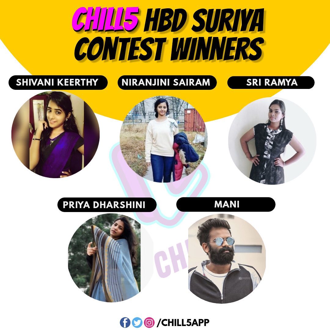 chill5app's tweet photo. #suriyabirthdaycontest winner announcement! 🥳

Thank you so much 😊 for all the #CHILL5 users for participating in the contest! There are a lot more contests lined up to come.

#chill5app #chill5video #chill5contest #chill5application #chill5dancechallenge #tiktokindia #Suriya https://t.co/VUluRYAIRe