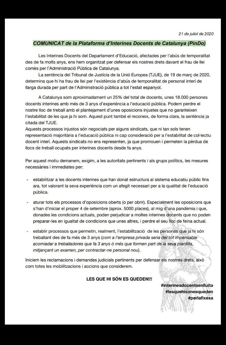 P_InDo's tweet photo. "Les Interines Docents del Departament d’Educació, afectades per l’abús de temporalitat [...], ens hem organitzat per defensar els nostres drets davant el Frau de Llei comès per l’Administració Pública de Catalunya."

Comunicat Inicial del grup d'Interines Docents: https://t.co/t7L2f9SIGv