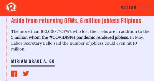 Aside from returning OFWs, 5 million jobless Filipinos | via  @miriamgracego  #SONA2020  https://rappler.com/nation/updates-duterte-state-of-the-nation-address-2020