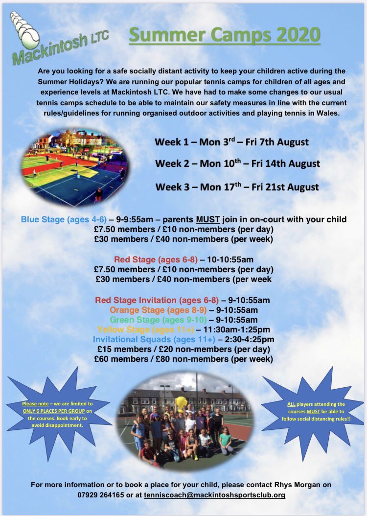 MackintoshLTC's tweet photo. 🎾🎉📣GREAT NEWS📣🎉🎾

We still have a few places in the following sessions for our Summer Tennis Camps:

Wk 1 (w/c 3rd Aug) 
🟠Orange(8-9yrs)
🟡Yellow(11+yrs)

Wk 2 (w/c 10th Aug)
🔵Blue(4-6yrs)
🔴Red(6-8yrs)
🟠Orange
🟡Yellow

Wk 3 (w/c 17th Aug)
🟠Orange
🟡Yellow https://t.co/8TSbqeimc4