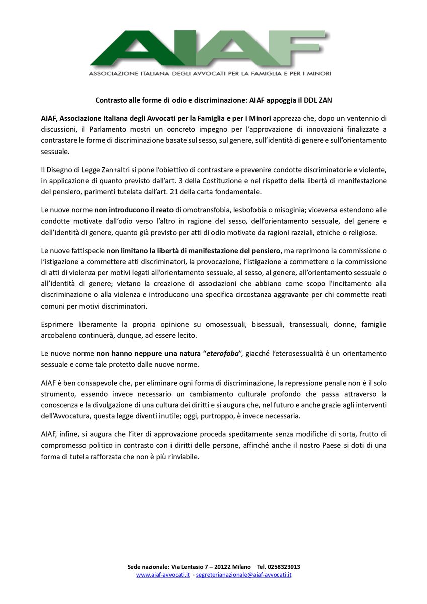 Sulla proposta di legge C. 569 (Zan). Modifica degli artt. 604-bis e 604-ter c.p. in materia di violenza o discriminazione per motivi di sesso, di genere, di orientamento sessuale o di identità di genere.
#AIAF #DirittoDiFamiglia #LGBT #ZAN