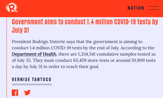 Government aims to conduct 1.4 million COVID-19 tests by July 31 | via  @verntantuco  #SONA2020  https://rappler.com/nation/updates-duterte-state-of-the-nation-address-2020