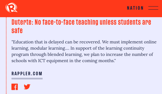 Duterte: No face-to-face teaching unless students are safe |  #SONA2020  https://rappler.com/nation/updates-duterte-state-of-the-nation-address-2020