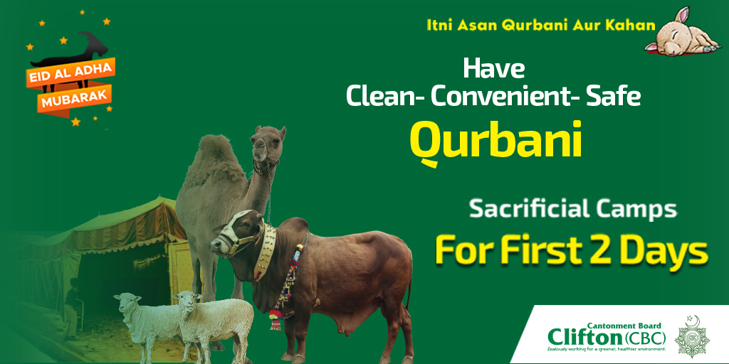 BoardClifton's tweet photo. Have Safe - Convenient- Clean Qurbani for First 2 Days on Eid ul Azha at CBC Sacrificial Camps 
#SacrificalCamps #SimpleEid https://t.co/3yhrzIQl8s