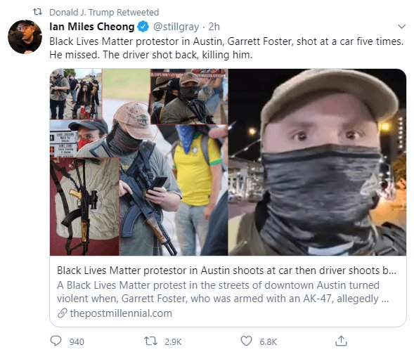 But this is how it filters up. It starts with a lie invented by some QAnon weirdo. Then it gets to propagandist Andy Ngo who dresses it up in something pretending to be journalism. Then notably unreliable freak Ian Miles Cheong tweets its out, then the President retweets it.