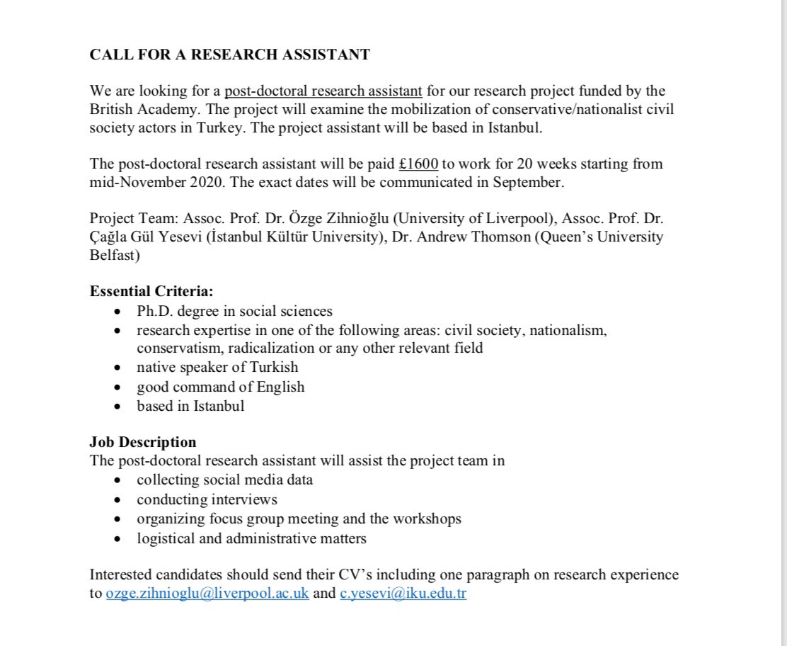 📢 Doktora Sonrası Araştırmacı İlanı | British Academy tarafından desteklenen projede, İstanbul'da görev alacak, yarı-zamanlı ve kısa dönem çalışacak araştırmacı ilanını ilgilenenlerin bilgisine sunarız.