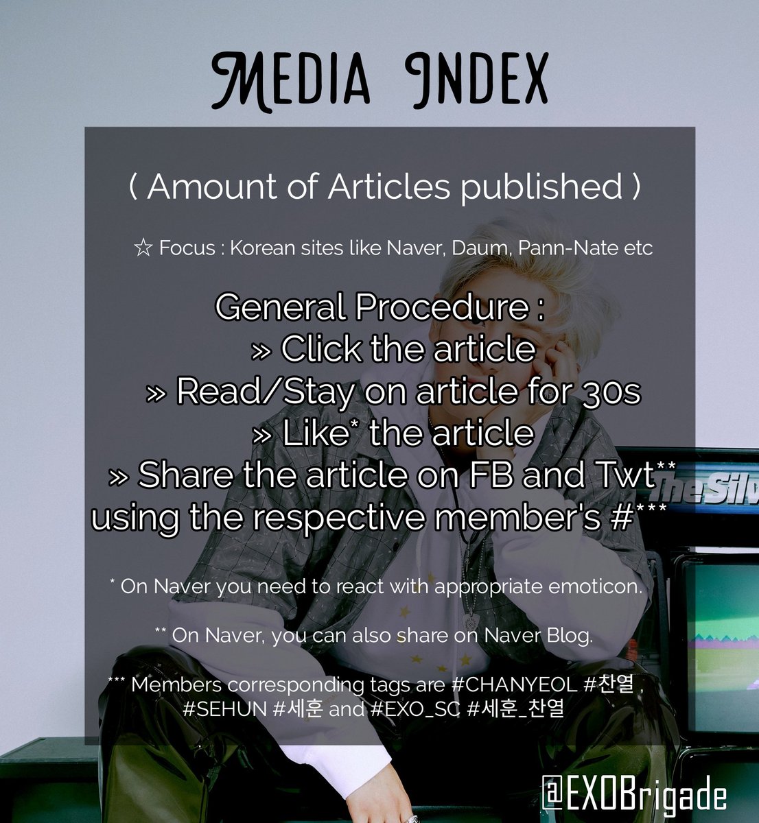 EXOBrigade's tweet photo. ⟨ Brand Reputation ⟩

A ranking chart that reveals the "presence" of an artist on the internet.

It depends on :
Community Index
Communication Index
Media Index
Participation Index

👇Refer to the images below for more information👇

#CHANYEOL #찬열 #SEHUN #세훈 @weareoneEXO https://t.co/el3TdrPRY0