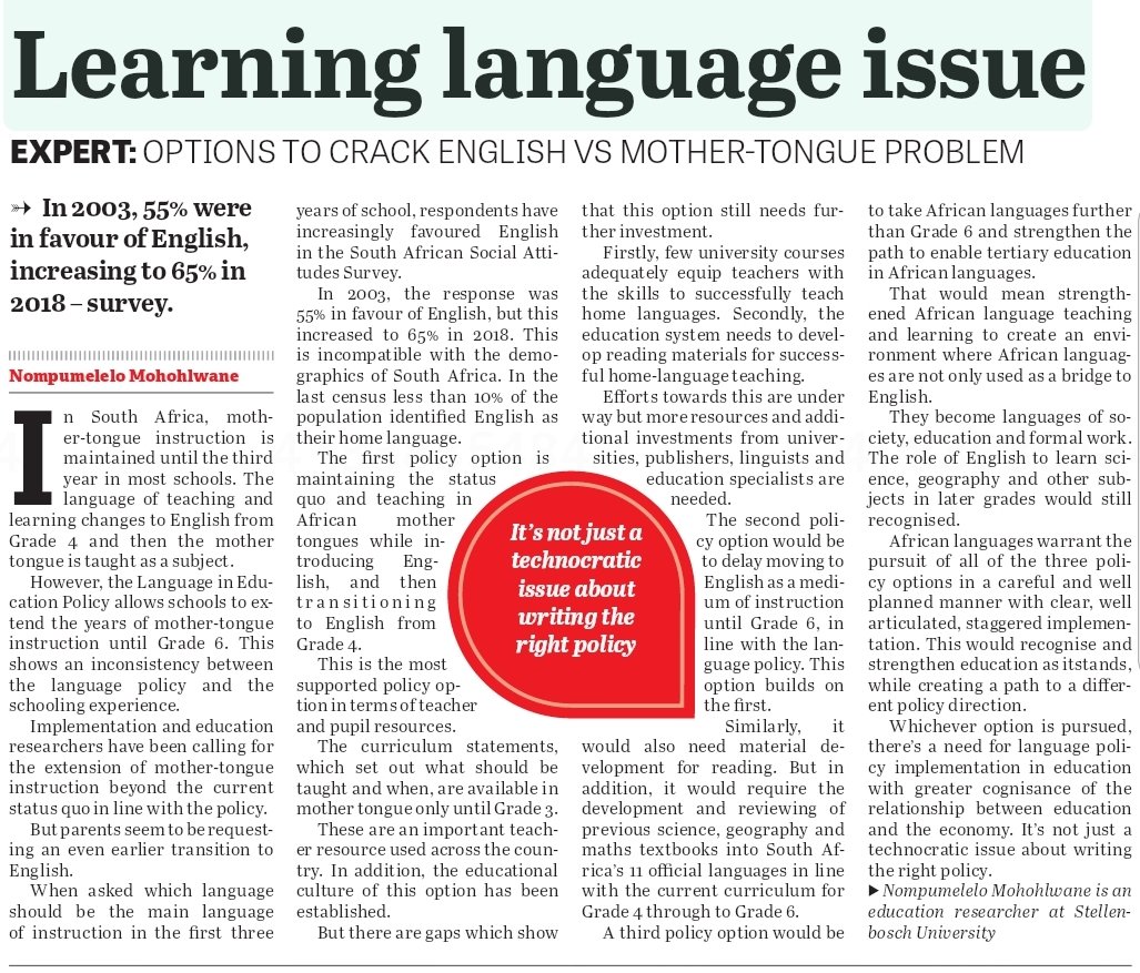ECDOEZA's tweet photo. We are piloting the bilingual examinations across the province over an 18 month period and are working with experts and universities to assist us to deal with what @StellenboschUni researcher Nompumelelo Mohohlwane rightly calls the language problem in today's @TheCitizen_News https://t.co/qwWwdVEzr7