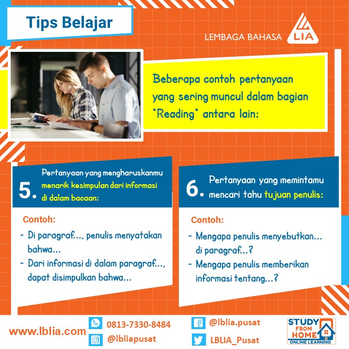 LBLIA_Pusat's tweet photo. Make sure you read all of our tips for TOEFL Reading section.

Wanna know more?

Join our LIA Preparation Course for the TOEFL!

#LIAonlinelearning 
#LIAgoesonline 
#LIANiCE 
#kursusbahasainggrisonline 
#flippedlearning
#kursusTOEFL
#kursuspersiapanTOEFL
#tesTOEFL https://t.co/ZH4jrAvI2W