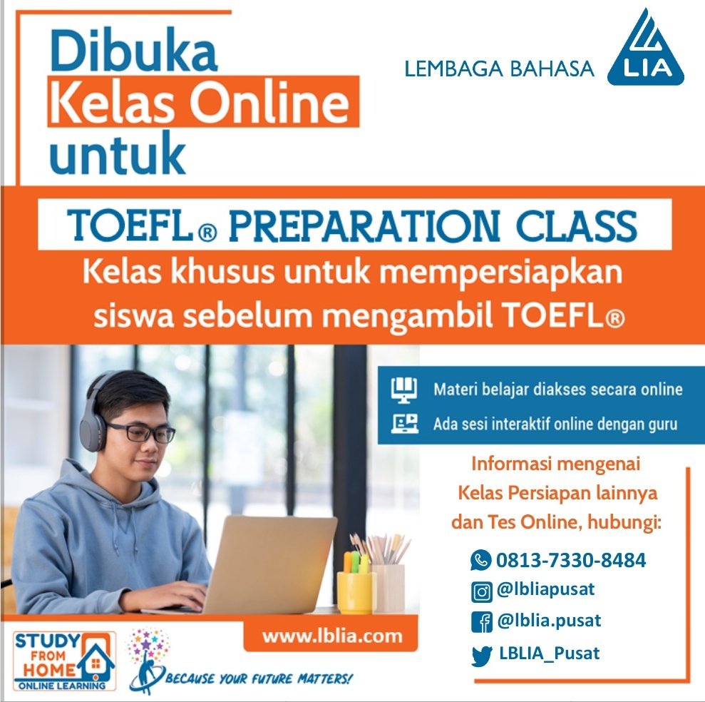 LBLIA_Pusat's tweet photo. Make sure you read all of our tips for TOEFL Reading section.

Wanna know more?

Join our LIA Preparation Course for the TOEFL!

#LIAonlinelearning 
#LIAgoesonline 
#LIANiCE 
#kursusbahasainggrisonline 
#flippedlearning
#kursusTOEFL
#kursuspersiapanTOEFL
#tesTOEFL https://t.co/ZH4jrAvI2W