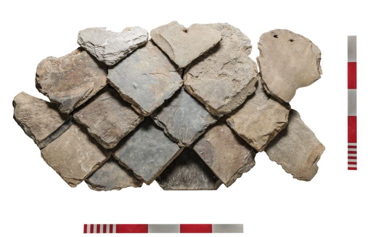 9/10 The finished roof of pentagonal pointed slates would have been highly decorative. Bill Jones estimates approximately 6,600 slates were required for the roof of the main villa block, and around 2,475 slates for the separate smaller roofs of the wings!