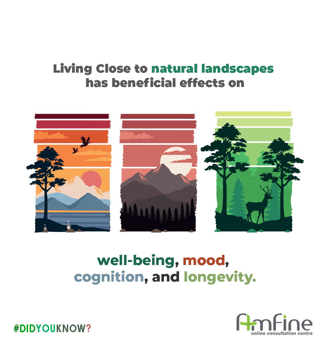 Amfine_in's tweet photo. #DidYouKnow Living close to natural landscapes has beneficial effects on well-being, mood, cognition, and longevity. #Amfine https://t.co/6vaoL0NXDS
