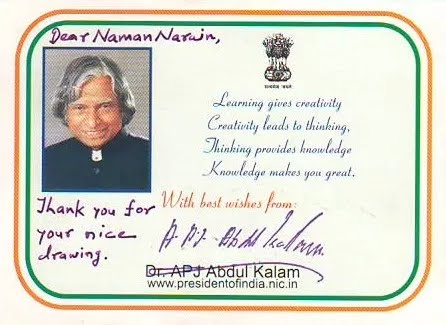 Naman Narain (the kid) recalls "I opened the prized-envelope with utmost care and took out a small note. It said 'Dear Naman Narain, Thank you for your nice drawing. With best wishes from, Dr. APJ Abdul Kalam'.Till this date I keep the card safe with me." @BesuraTaansane