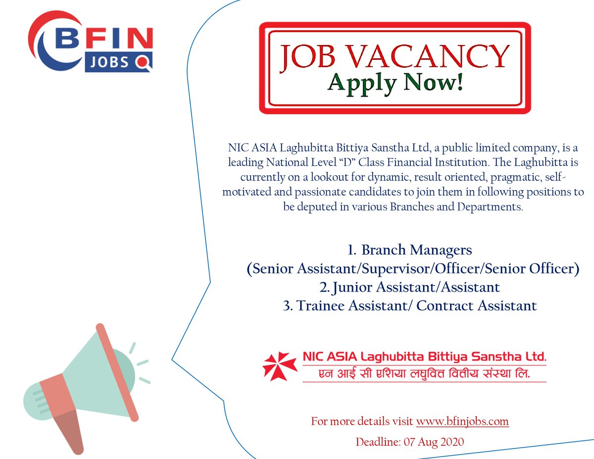 BfinNepal's tweet photo. https://t.co/CJGMRkQqLW
Vacancy in NIC ASIA Laghubitta Bittiya Sanstha Ltd.
Login to BFIN Job Portal for more details
For further assistance contact info@bfin.com.np or message us!! https://t.co/n2m8oIAl5O