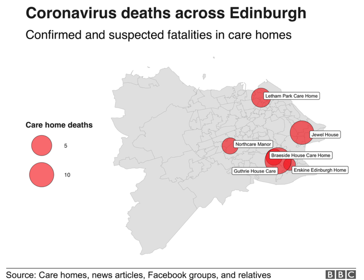 While weekly figures published by National Records of Scotland use council areas, they don't reveal which specific homes reported deaths.Through my crowdsourced data I built maps highlighting possible virus hot spots in Renfrewshire and Edinburgh.