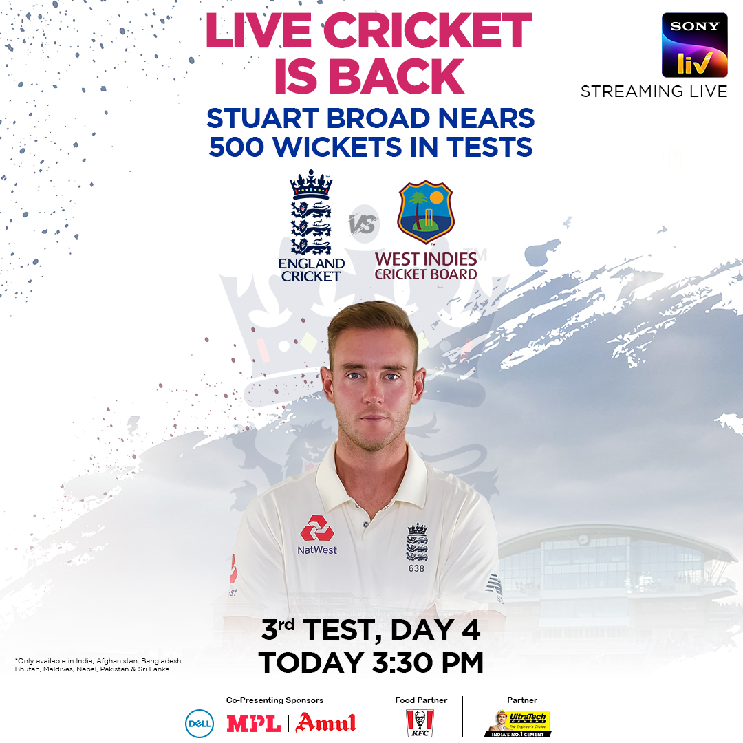 SonyLIV's tweet image. A Career Milestone on its way!

With 2 days still left, it's a big task for the Windies to play it out with Broad &amp;amp; Anderson looking lethal.

Who will win the #WisdenTrophy?

Tune in to watch Day 4 of the #FinalTest, LIVE on #SonyLIV

Subscribe here: bit.ly/WisdenTrophy3r…