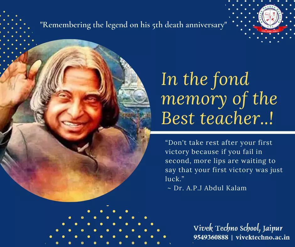 JaipurVts's tweet photo. Our sincere tribute to the Former President of India, Dr. APJ Abdul Kalam.
A great teacher & role model for all of us.
His teachings & vision will continue to inspire us.
#kalam #dr #bestteacher #jaipur #vtsjaipur #vivektechno #schoolsofjaipur https://t.co/a8HSyk6wVa