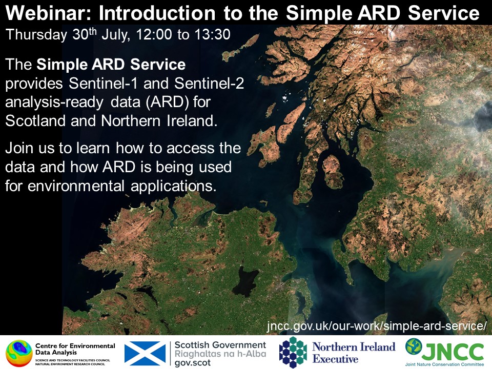 JNCC_UK's tweet image. Join our webinar this Thursday to hear how JNCC are working with @scotgov, @daera_ni and @cedanews to provide Sentinel-1 and Sentinel-2 #AnalysisReadyData for environmental applications. Follow this link to register: attendee.gotowebinar.com/register/37950…