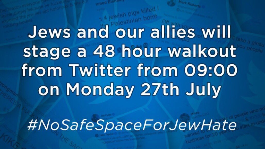 I‘ve decided to participate in a 48hr boycott of  @Twitter to protest the platform’s shameful inaction over antisemitic hate speech & abuse. I‘ve witnessed firsthand many times how this platform acts as a haven & incubator for hate & violence. This must end.  #NoSafeSpaceForJewHate