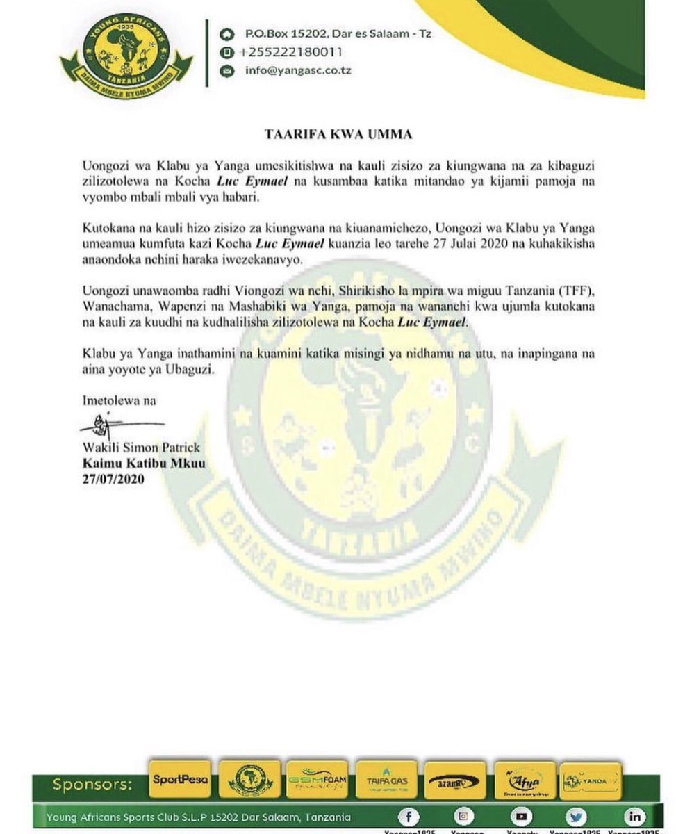 mvumotv's tweet photo. Yanga SC imemfuta kazi kocha wake, Luc Eymael kuanzia leo Julai 27, 2020 kwa madai ya kutoa lugha isiyo ya kiungwana baada ya mchezo wa jana dhidi ya Lipuli FC. https://t.co/LXjBpH9MKu