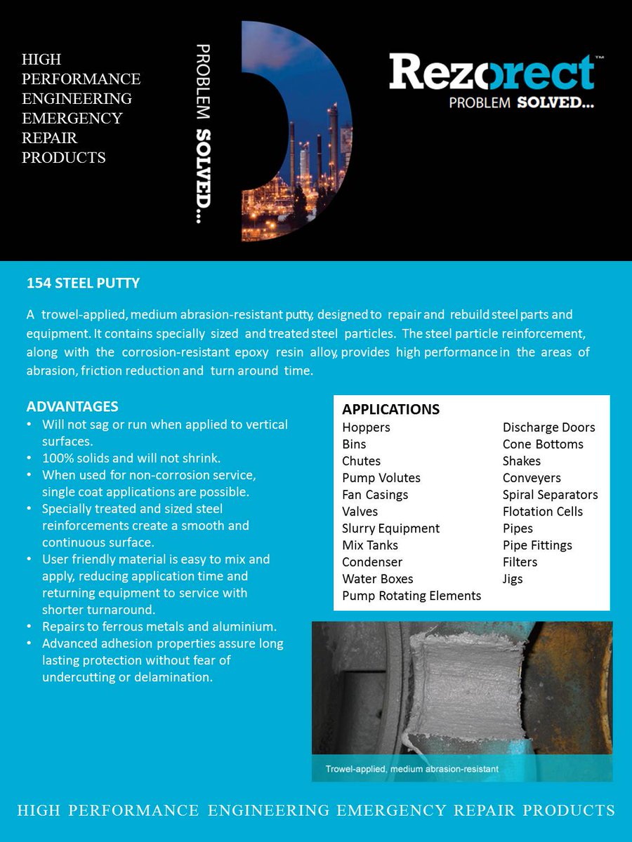 Corrocoat's tweet photo. Rezorect 154 Steel Putty: Abrasion resistant, high performance repair putty for steel parts and equipment. #MetalRepair #Repair #IndustrialPlant #IndustrialEngineering #Corrosion #Engineering #Engineering #Machinery #Corrosion #IndustrialMachinery https://t.co/MrgYf2AZk4 https://t.co/YGDHtZJtsP