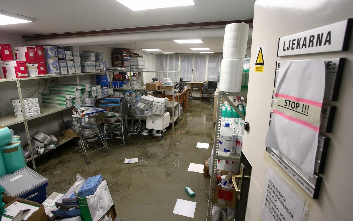 "the floor where the employees' wardrobe and the pharmacy are, was flooded, water brought boxes and medicines from other rooms. given that there are expensive drugs, artificial leather, things that are very expensive, the damage is hundreds of thousands of kunas. +