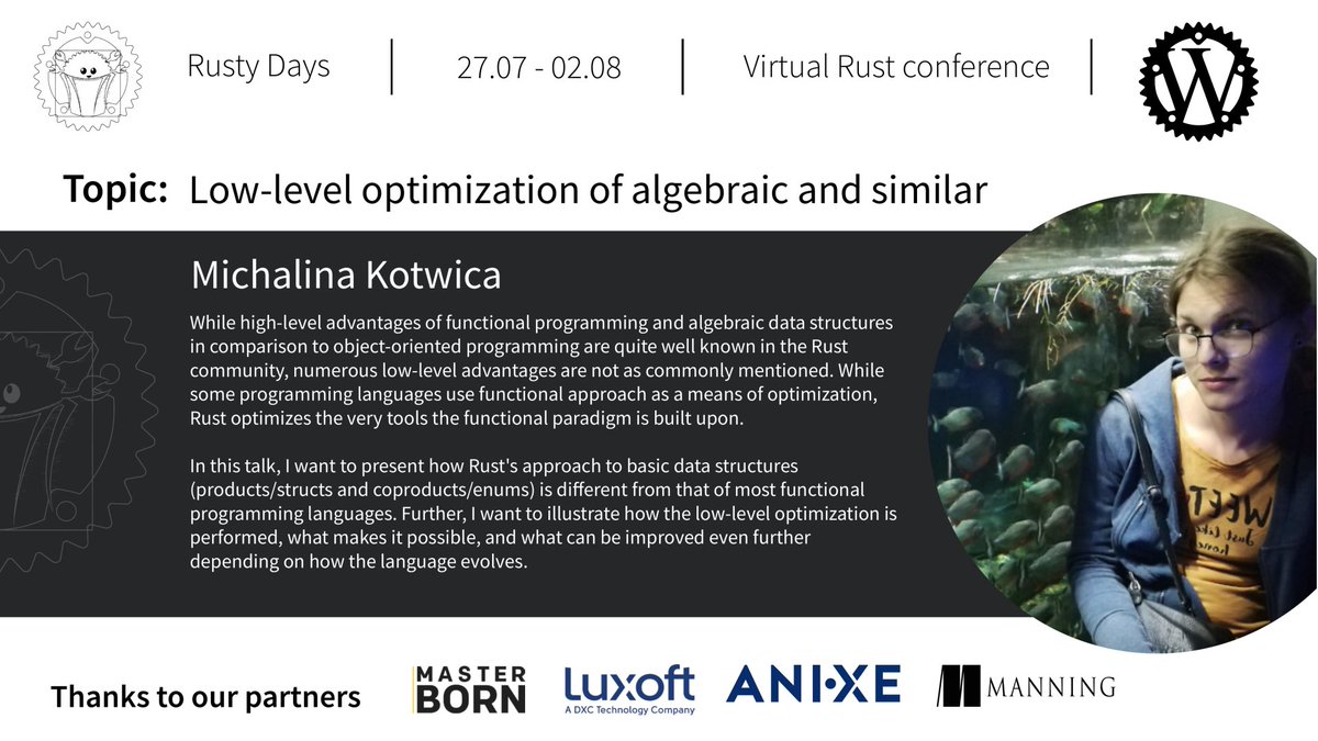 rdconf's tweet photo. At 8 PM CEST Michalina Kotwica will talk about low-level optimization of algebraic (and other) structures. #rustlang #rustydays #conference https://t.co/2wYKohlgoY