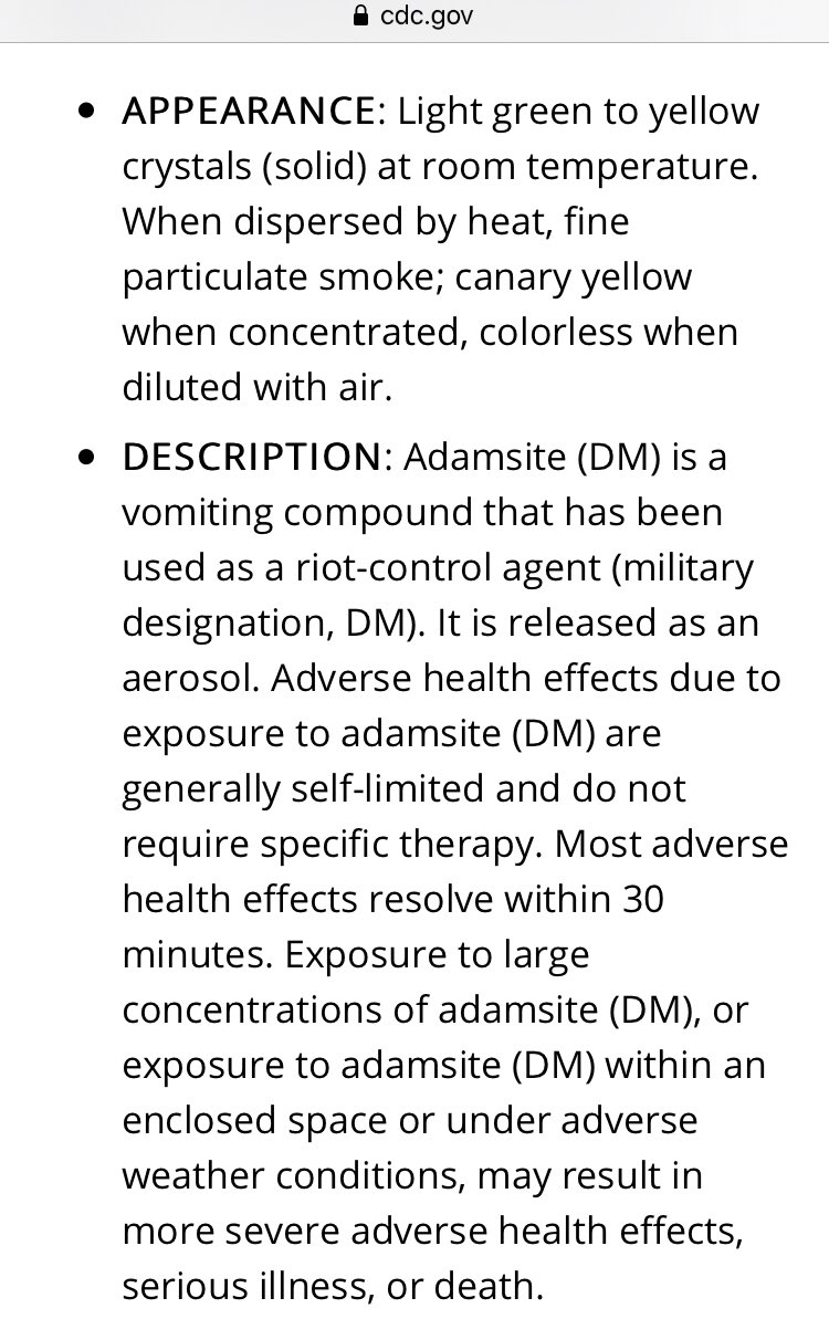 taylormarie2131's tweet photo. Info about Adamsite (DM) Gas that the #SecretPolice is now releasing on #protesters: 
#adamsitegas #adamsite #dm #dmgas #teargas #riots #protests #seattleprotests #portlandprotests #portland #seattle #csgas #cs #cngas #cn #crowdmanagement #toxicgas #military #chemicalwarfare #CDC https://t.co/B4Bn7Aqw48