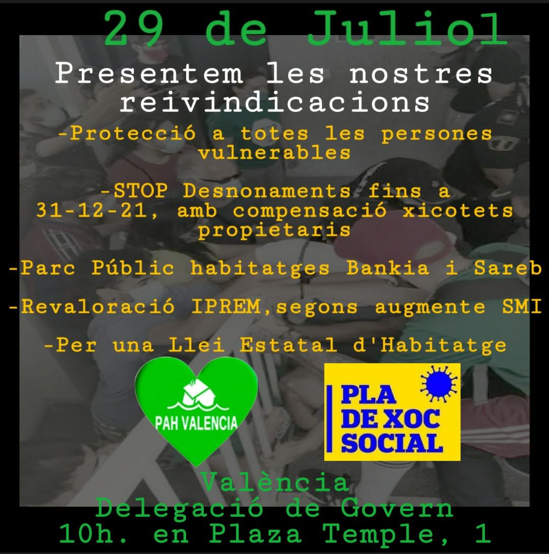 El pròxim dimecres estarem presentant aquestes reivindicacions.
1. Protecció a totes les persones vulnerables. 
2. Stop desnonaments
3. Parc públic d'habitatges
4. Revaloració IPREM
5. Per una llei estatal d'habitatge

A València, Castelló i Alacant
#PlaDeXocSocial