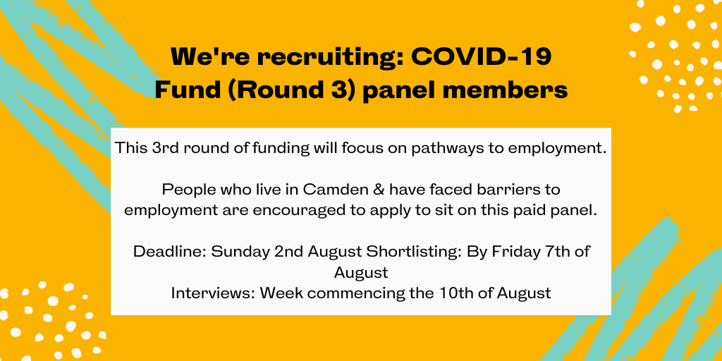 camden_giving's tweet photo. We're recruiting Camden residents for our COVID-19 round 3 panel, for a fund that will focus on pathways to employment. All panellists are trained and paid LLW. Register your interest here: https://t.co/hlGA3Sd1BX

#GivingInCamden #ParticipatoryGrantGiving #CamdenGiving #Camden https://t.co/HZfjV951wL