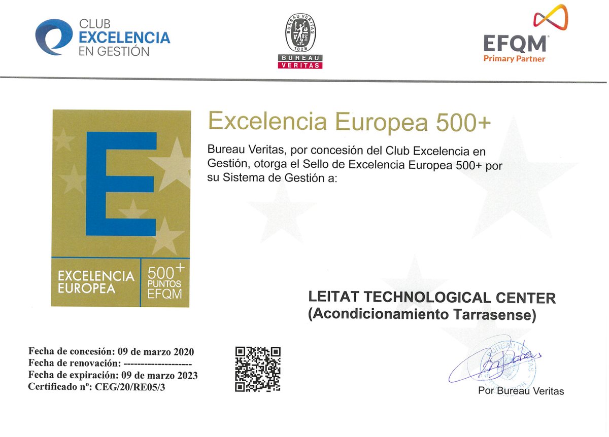 Leitat's tweet photo. We are proud to announce that we have achieved the “EFQM 500+ Level of Excellence" recognition, which recognises that our managing system meets the maximum quality and excellence requirements.
@club-excelencia-en-gesti-n https://t.co/4RVYv3u3Fm