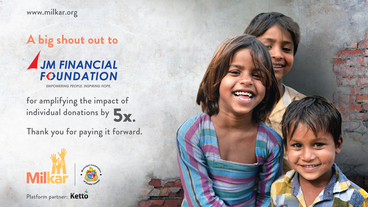 Big thank you to JM Financial Foundation, for joining the 
<a href="/milkarmumbai/">Milkar Mumbai</a> family. Your contribution will make individual donations work 5X harder.

Join us to help vulnerable families in Mumbai by donating on milkar.org. 
 
#MilkarForMumbai #TogetherForMumbai
