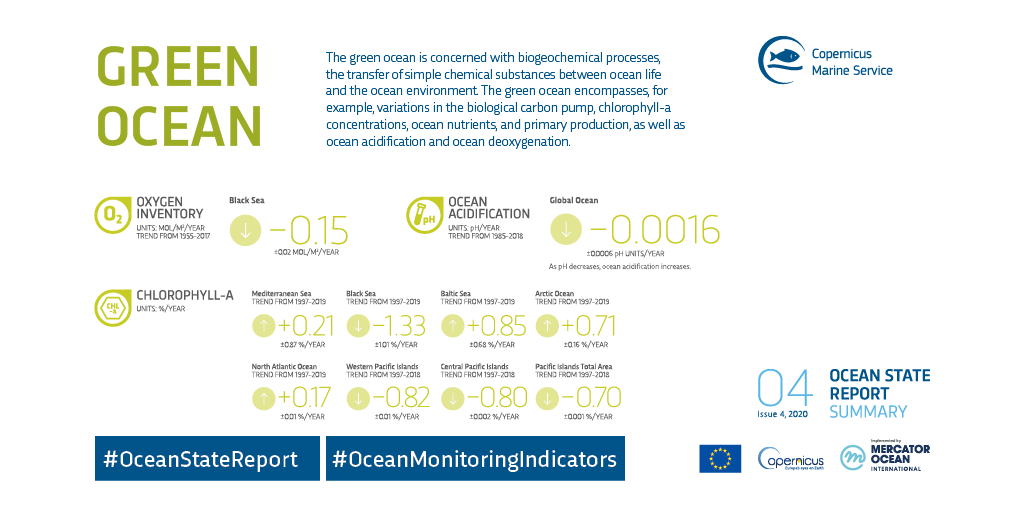 The “green #ocean” 🌊💚is concerned with biogeochemical processes, the transfer of simple chemical substances between #oceanlife and the #MarineEnvironment.
<a href="/CopernicusEU/">Copernicus EU</a> #Marine #OceanStateReport 4 
➡️ bit.ly/OSR4Summary
#OceanMonitoringIndicators #ourocean #globalocean