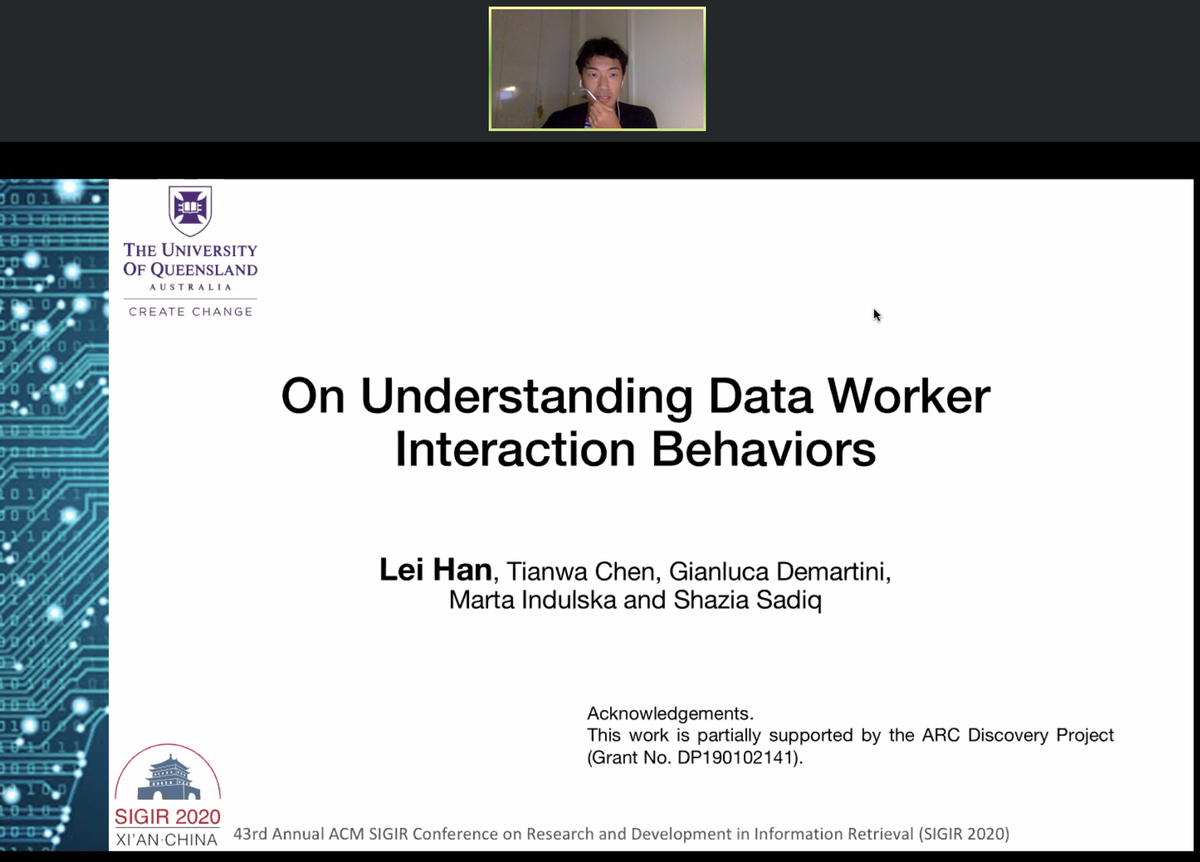eglu81's tweet photo. #UQIR Lei now presenting his paper (session 2b) at #sigir2020 https://t.co/7Ntyl3zOO1