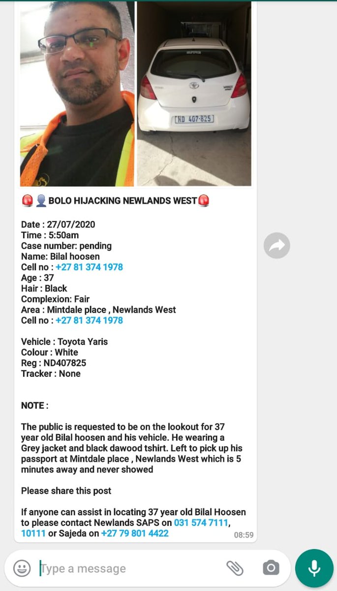 biscuits82's tweet photo. @crimeairnetwork @Abramjee @Saps

Driver of vehicle also missing. https://t.co/BmUMf5O8Hi