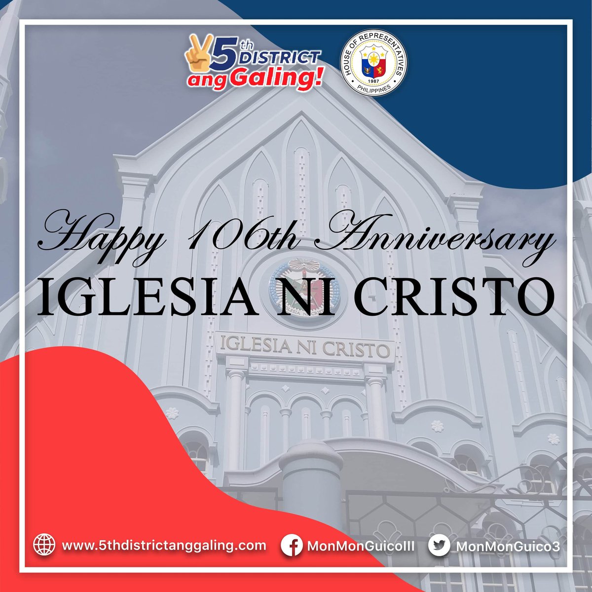 MonMonGuico3's tweet photo. Ipinapaabot ko ang aking malugod na pagbati sa Iglesia Ni Cristo (INC) sa kanilang ika-106 anibersaryo!

#5thDistrictAngGaling 
#KasamaKita https://t.co/R4liMQtIs8