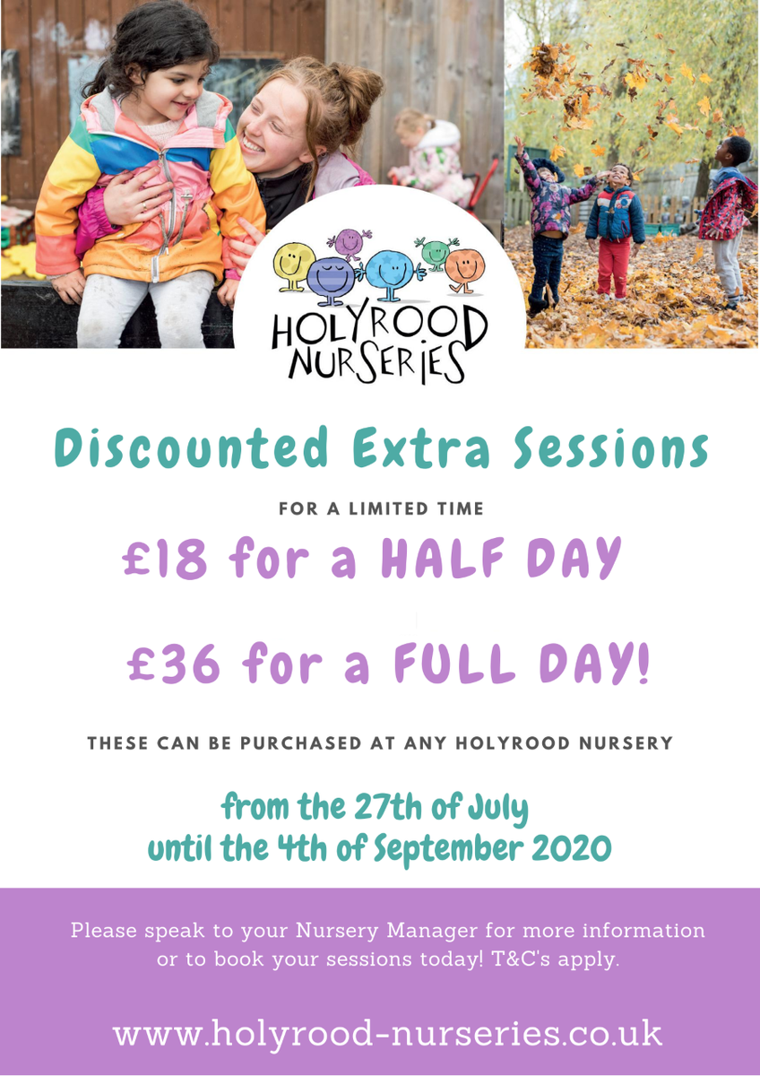 HolyroodNG's tweet photo. Discounted extra sessions available for our current parents😀

Get in touch with the nursery manager to book.

Terms &amp; conditions apply. https://t.co/ijcKuyxDzE