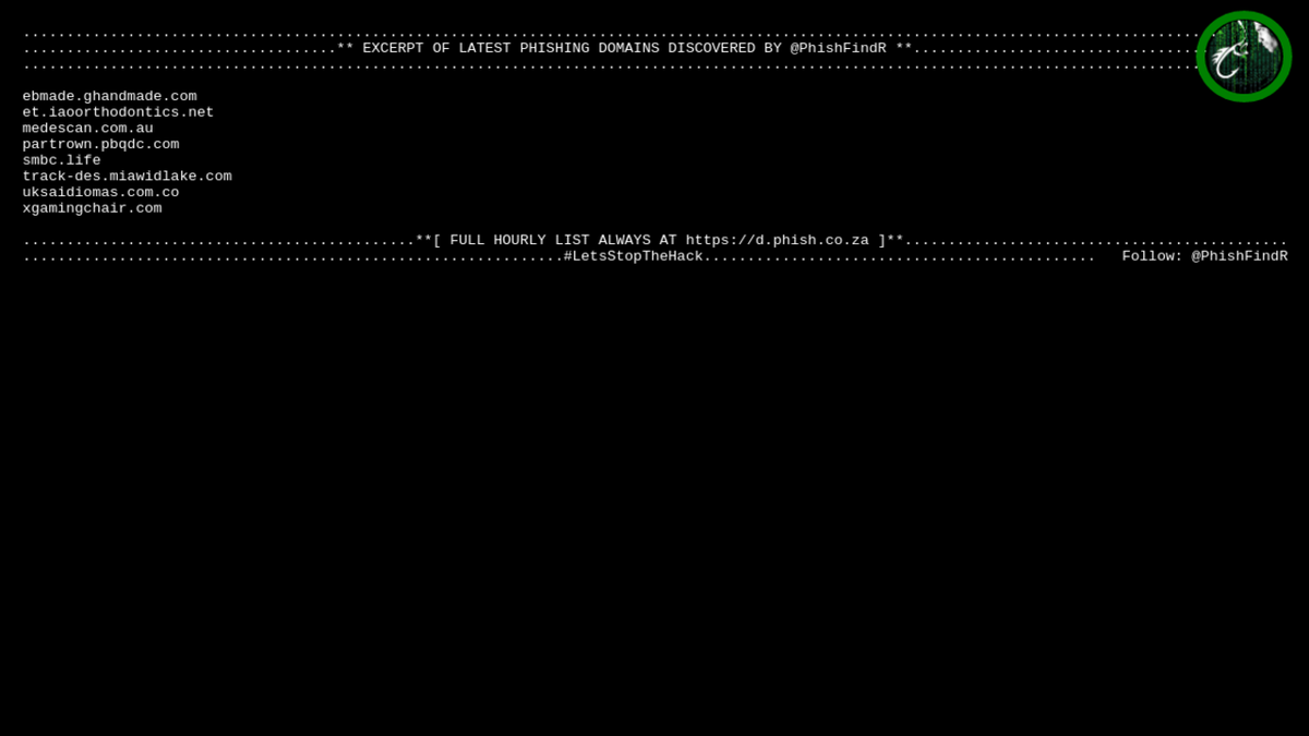 PhishFindR's tweet photo. 🎣 PhishFindR Found:
8 NEW #Phishing #Domains 🌐
@ 10:13:08 > https://t.co/D0bPPArRxa

🌐 Found Today: 237 > https://t.co/D0bPPArRxa
2020-07-27 🦈

#cybersec #cybersecurity #infosec #malware #dataviz #datamunching https://t.co/BE767jBW5X