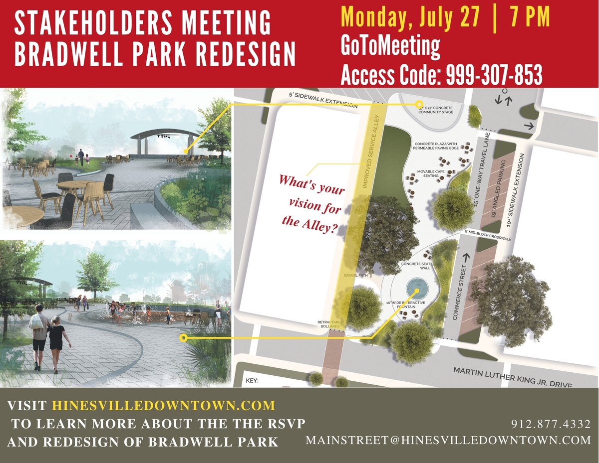 HDDA's tweet photo. Good morning Downtown Hinesville! Don't forget to join us this evening for the Stakeholders Meeting for Bradwell Park Redesign at 7 pm - GoToMeeting, access code: 999-307-853

Do you have some questions? Please email them to mainstreet@hinesvilledowntown.com. https://t.co/zaXZdGp70K