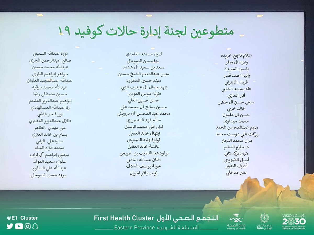 E1_Cluster's tweet photo. كرّم #تجمع_الشرقية_الأول المتطوعين في لجنة إدارة حالات كوڤيد-19 لجهودهم النبيلة وعطائهم في مواجهة جائحة #كورونا، وذلك بحضور مدير اللجنة د. علي الغامدي، وأكثر من 60 متطوع خلال رحلة امتدت لـ 4 أشهر متواصلة.

شُكراً لكم ولعطائكم.. 🇸🇦 https://t.co/OOK6CqaykK
