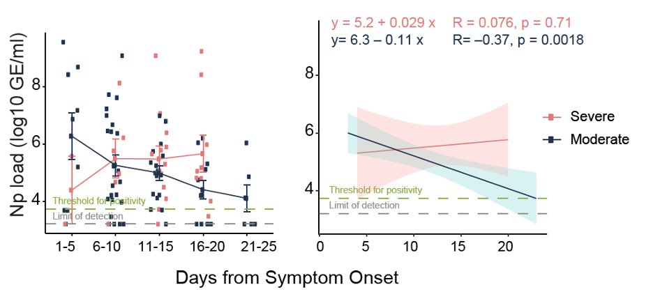 So, what is driving these prolonged immune responses in severe  #COVID19? One clue comes from this figure, where we found that the nasal viral load fails to come down over time in patients with severe disease. Data generated with  @NathanGrubaugh  @awyllie13 teams  (7/n)