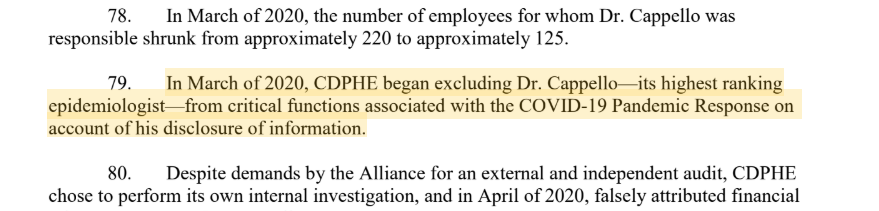 Including Tony Cappello, CDPHE's top epidemiologist & the original COVID Incident Commander. Here's from the lawsuit he filed against CDPHE a month ago over his termination.
