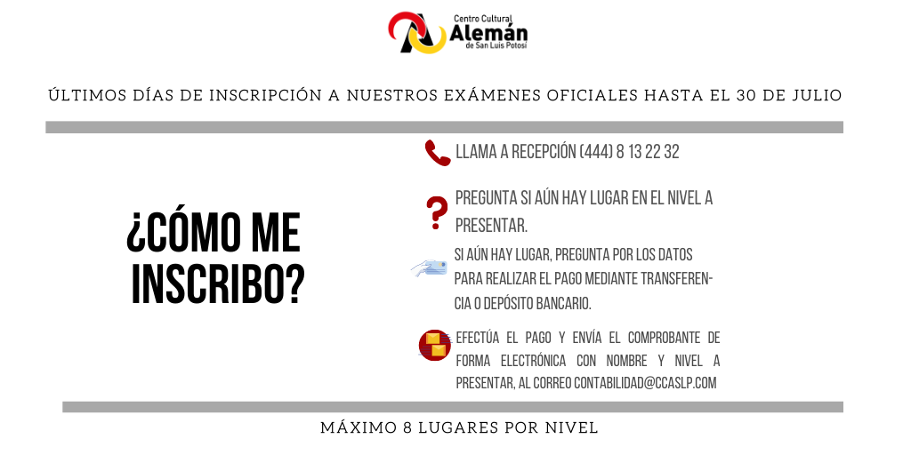 CCA_SLP's tweet photo. Recuerda que la inscripción a nuestros exámenes oficiales por @Goethe-Institut Mexiko ha cambiado.
¡Checa los pasos para tener tu lugar!
Semana del 10 al 13 de agosto. ✍🤓 https://t.co/zC5pyqjobx