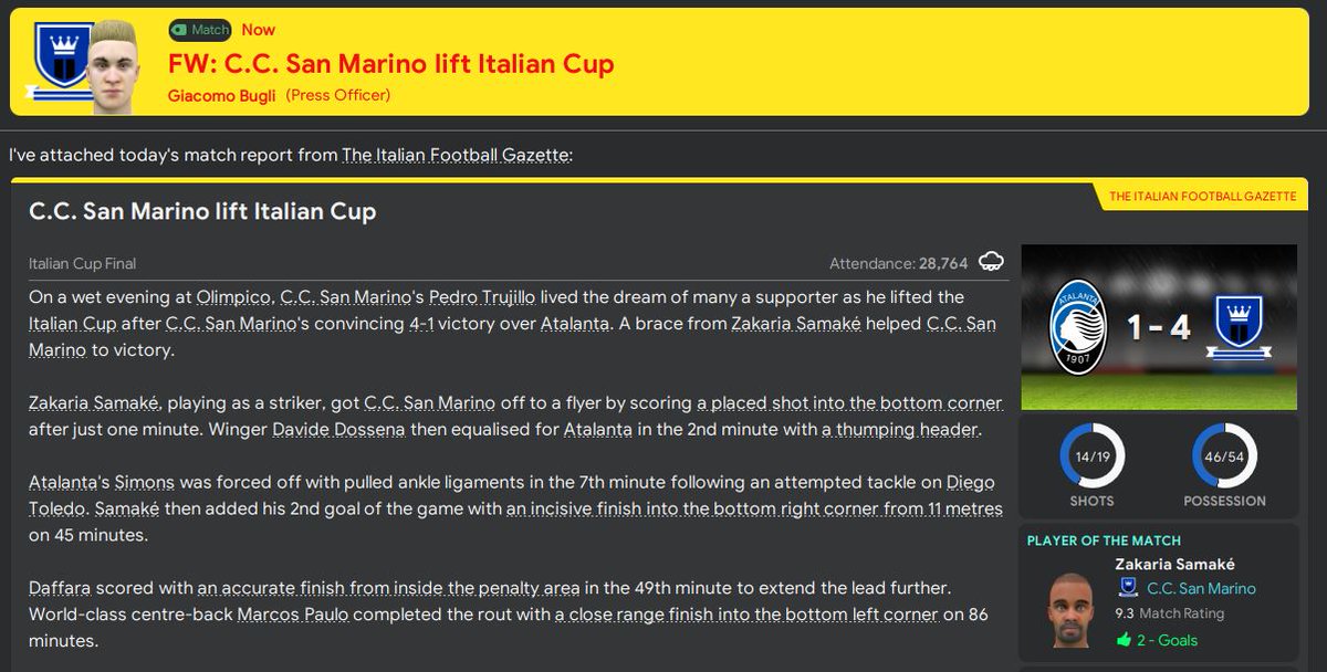 This season has also seen a first major trophy for San Marino after we hammered Atalanta 4-1 in the Italian Cup final. Dreams of a league, cup and European treble are still alive...  #FM20